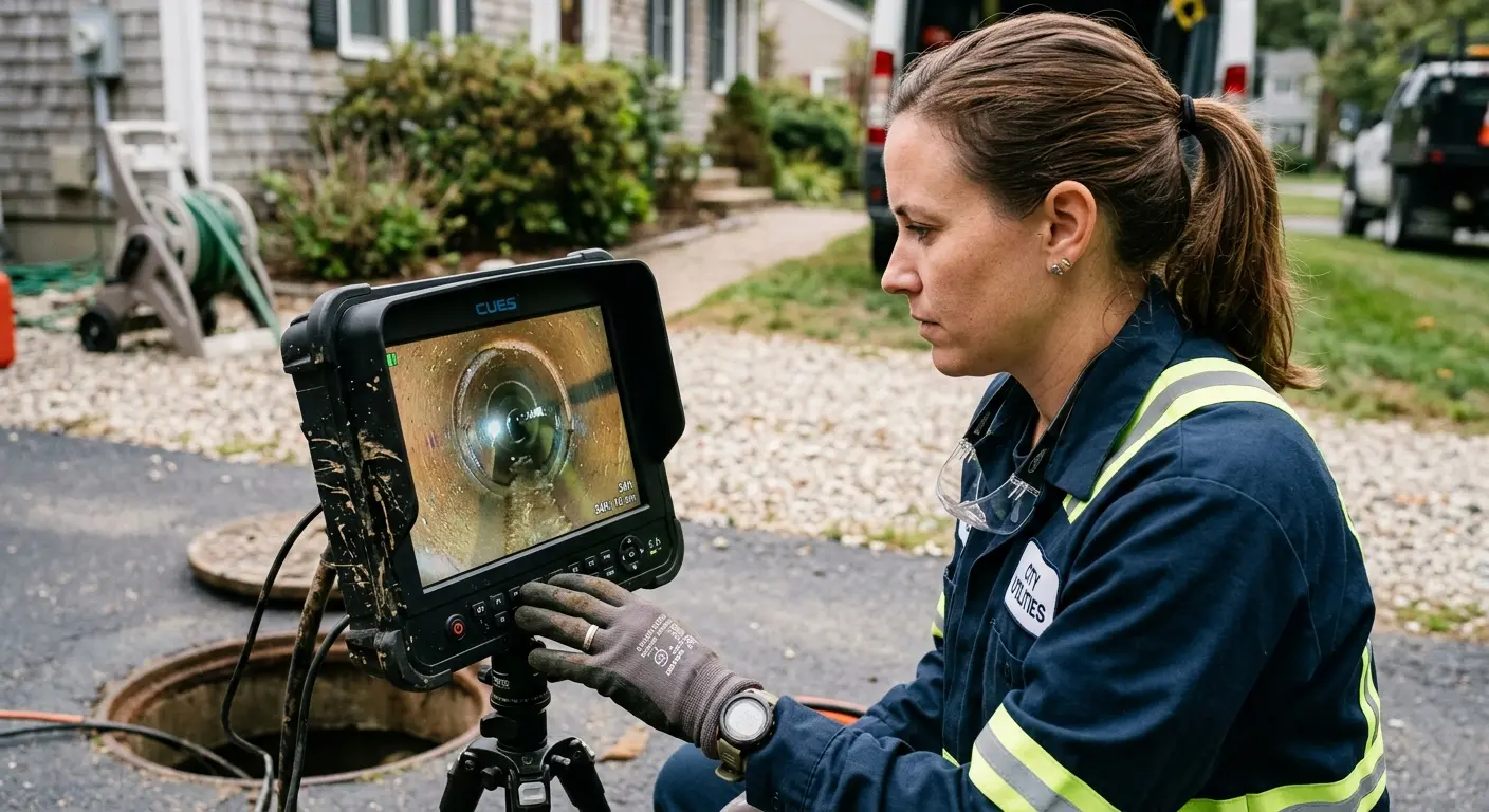 Technician reviewing sewer camera inspection footage in Billerica