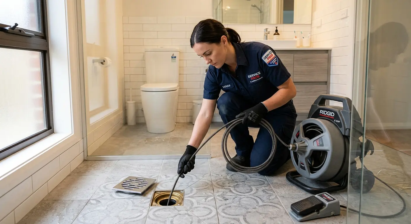 Technician clearing a bathroom floor drain for Hydro Jetting in Billerica